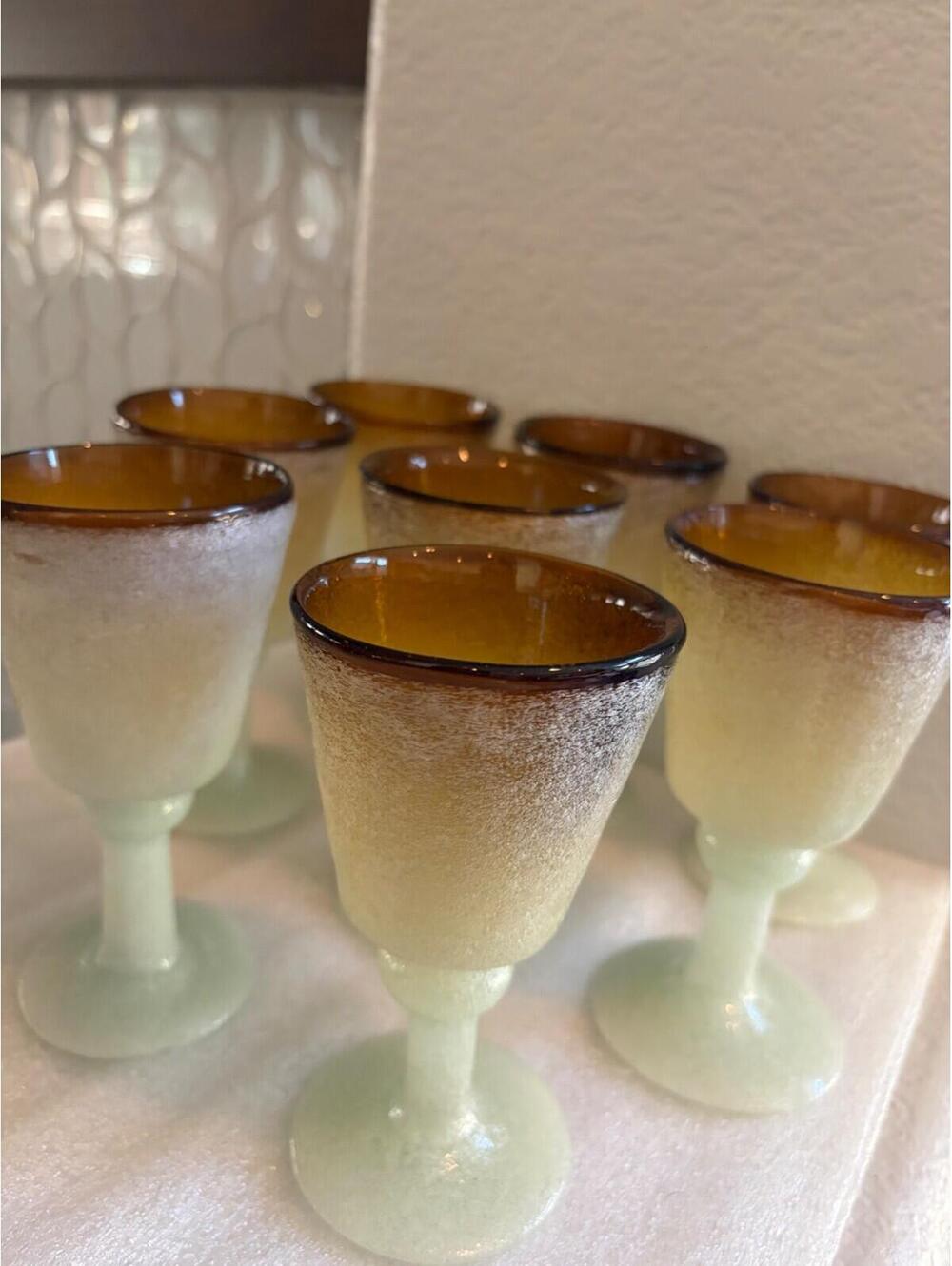 Napoleone Martinuzzi Murano Pulegoso Amber Seagram Goblets Glass 6.5” Set of 8